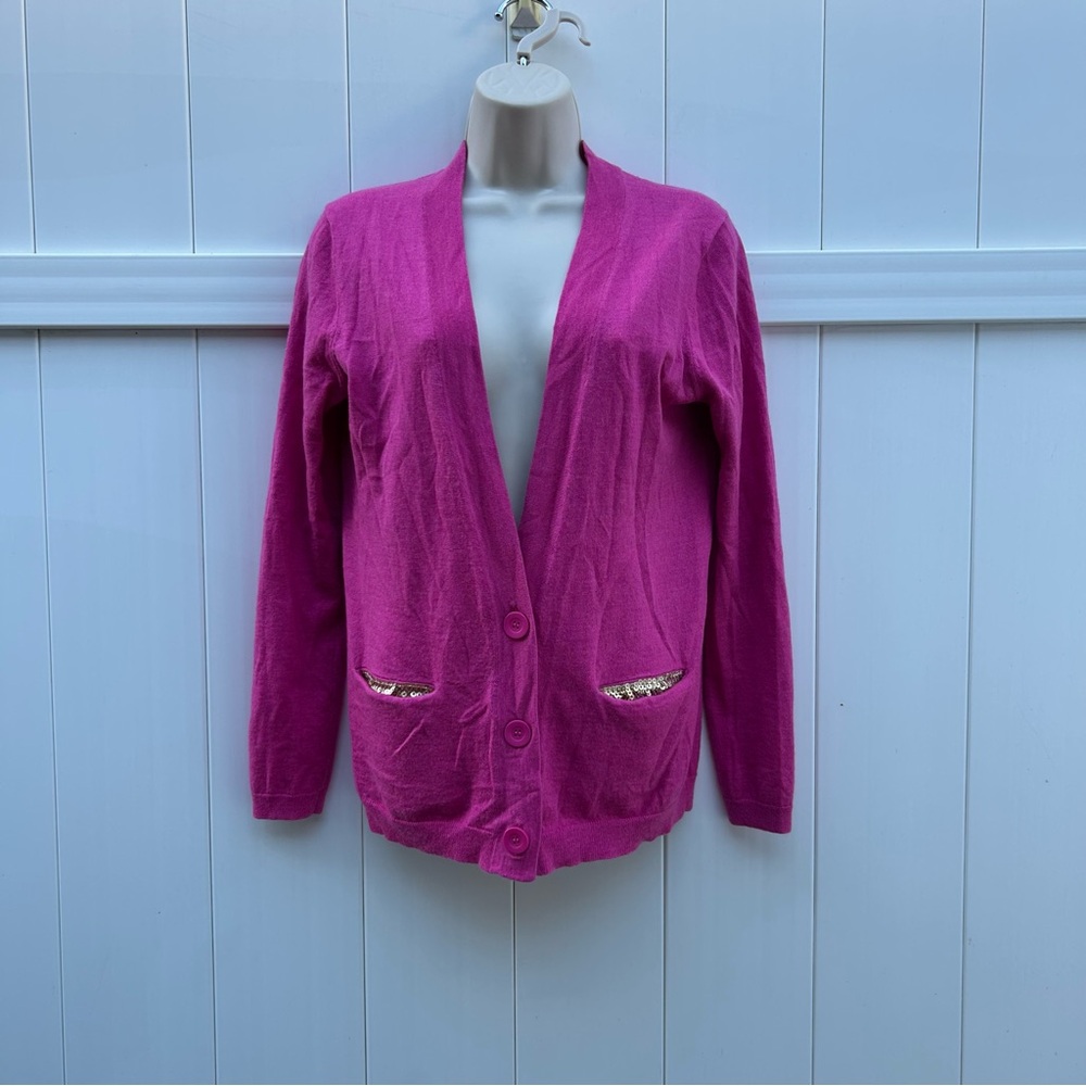 LOFT Hot Pink Wool Blend and Sequin Pocket Liner Cardigan Sweater | Size Large